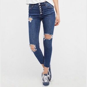 Free People Button Fly Stretch Raw Hem Distressed Denim Jeans | Size 29